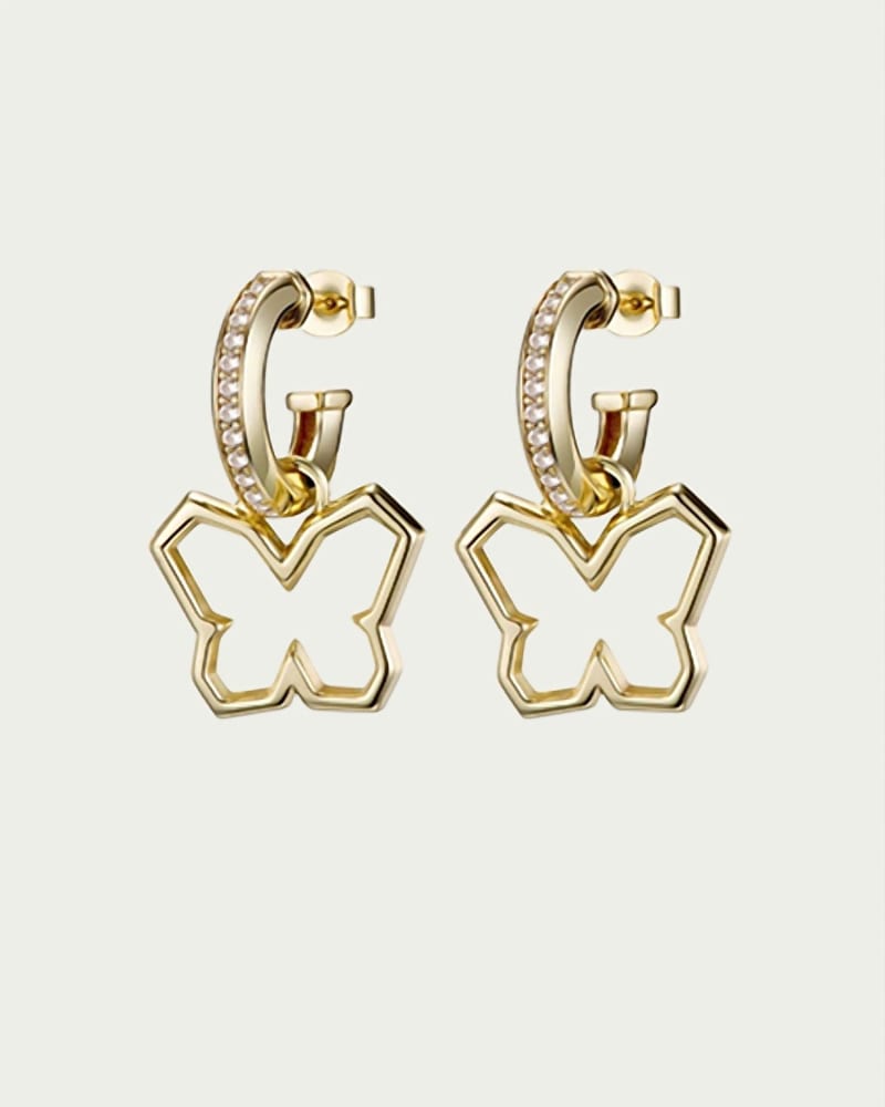 Front of a size O/S Y2K Butterfly Charm Earrings in Gold/Clear in Gold/Clear by F+H Studios. | dia_product_style_image_id:331511